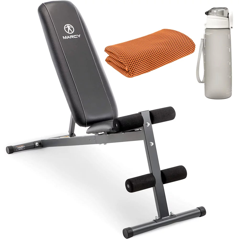 Marcy SB-261W Utility Bench for Upright, Incline, Decline, and Flat Exercise Bundle with Deco Essentials 27 Ounce Water Bottle and Workout Cooling Sport Towel