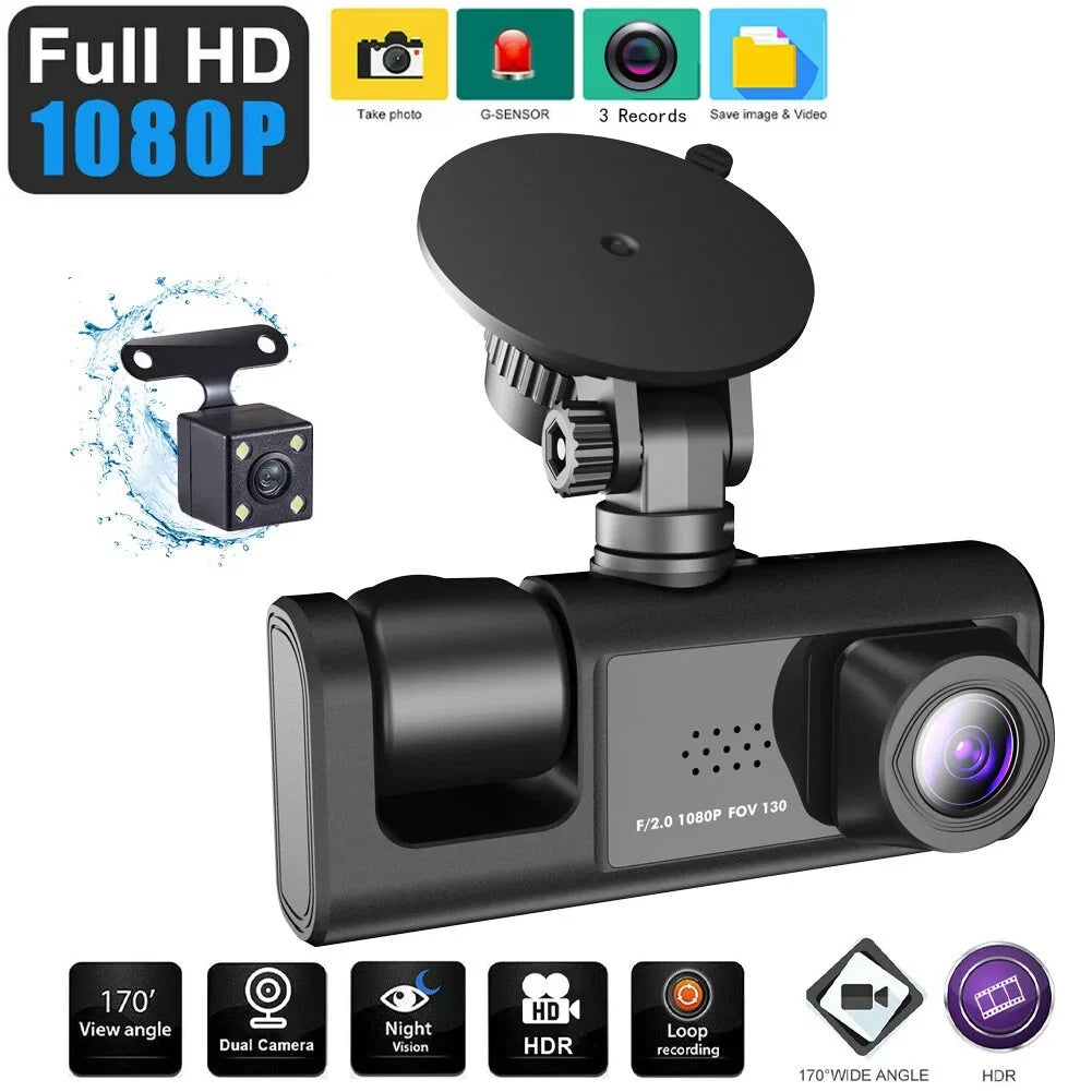 1080P DVR Dash Camera Front & Inside & Rear Camera Driving Recorder 2 Inch Display Dashcam Support Night-Vision Loop Recording One-Key Lock WiFi version