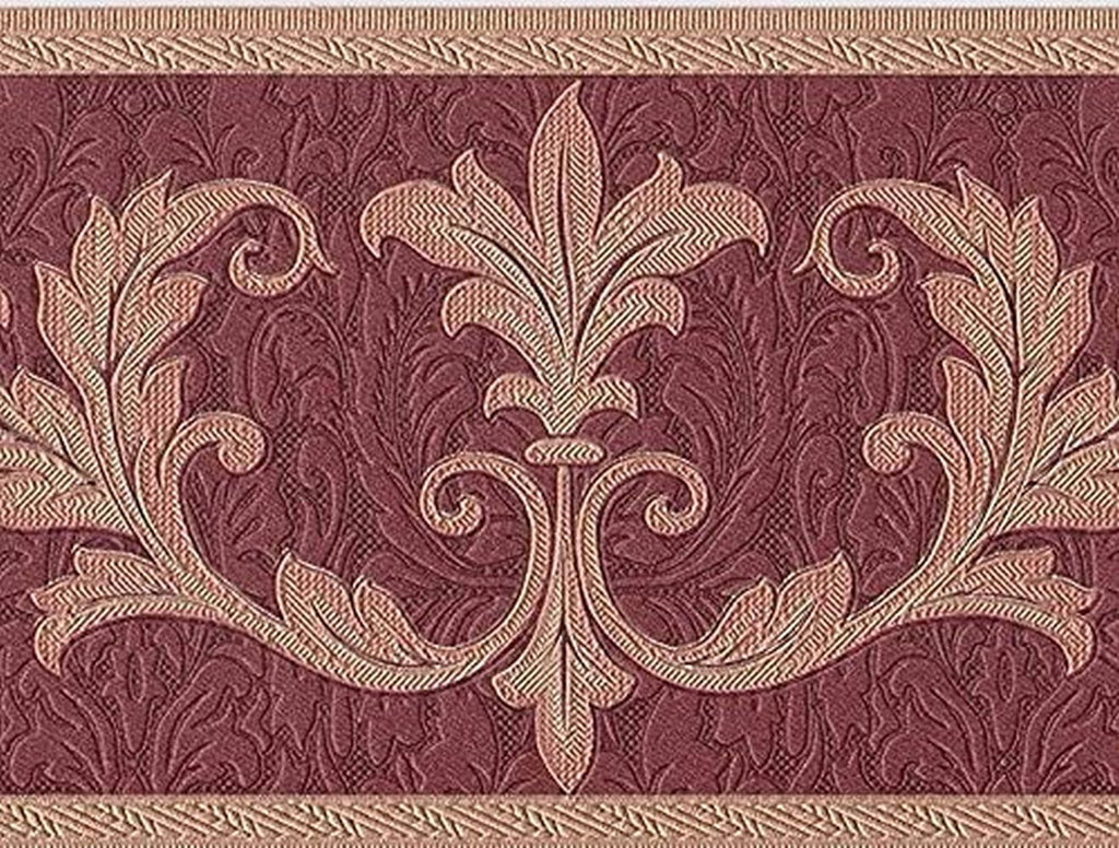 Concord Wallcoverings Wallpaper Border Damask Pattern Victorian Style Leaves for Living Room Bedroom, Red Gold Bronze, 7 Inches by 15 Feet 30150