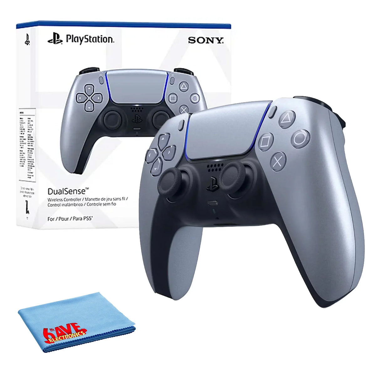 PlayStation 5, PS5 Sense Wireless Controller - Sterling Silver Bundle With 6Ave Microfiber Cleaning Cloth