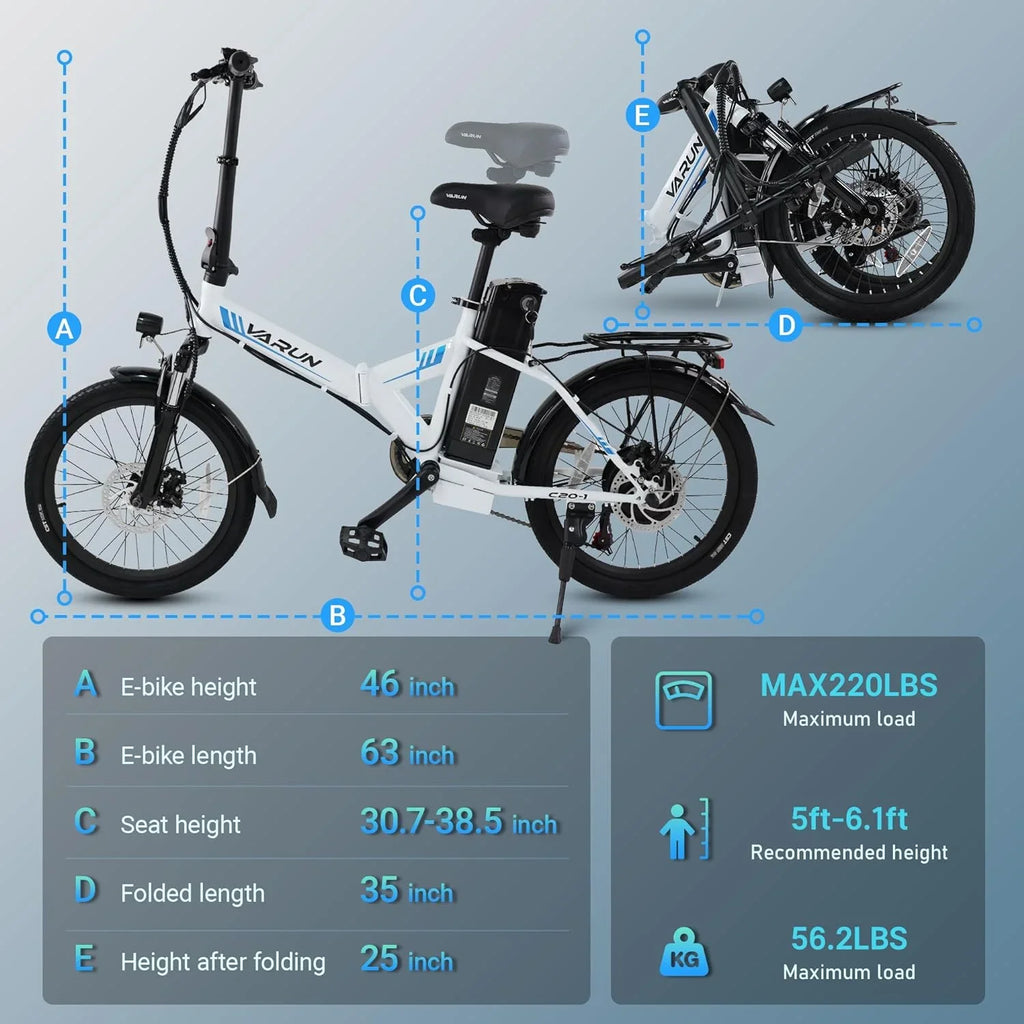 VARUN Electric Bike - 500W Folding Ebike with Stylish 20" Wheels, 48V Lithium Power Unit for 40 Miles Range and 20MPH Speed