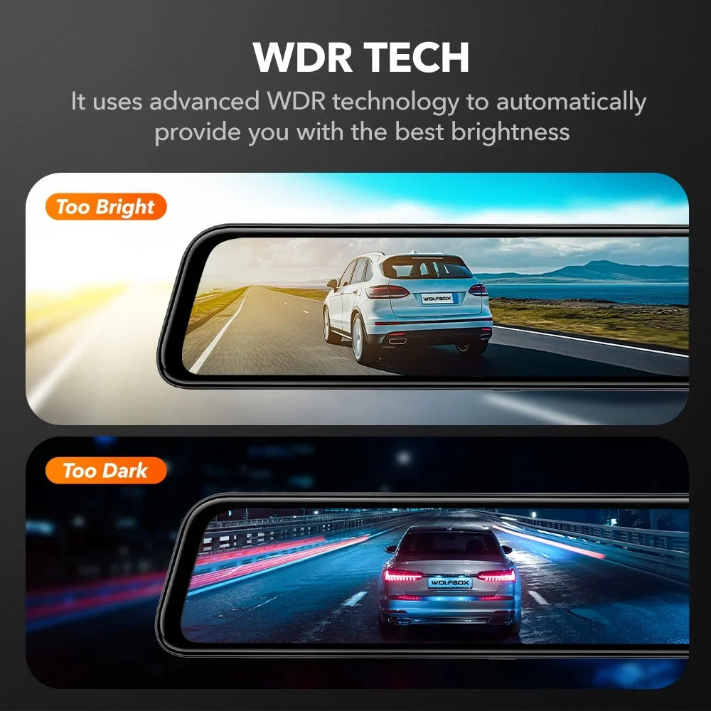 WOLFBOX Rear View Mirror Dash Camera, 12" 4K Mirror Dash Cam, Backup Camera with Full Touch Monitor Parking Monitor, Free 32GB Card & GPS