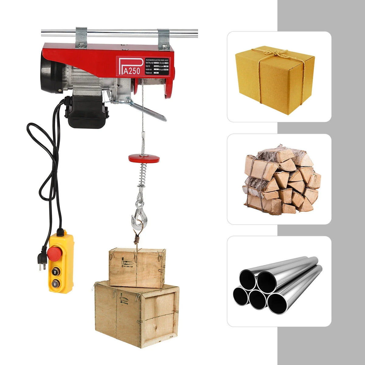 550LBS Electric Hoist Crane Winch Garage Lift Pure Copper Motor + Remote Control for Factories, Docks, Warehouses, Logistics