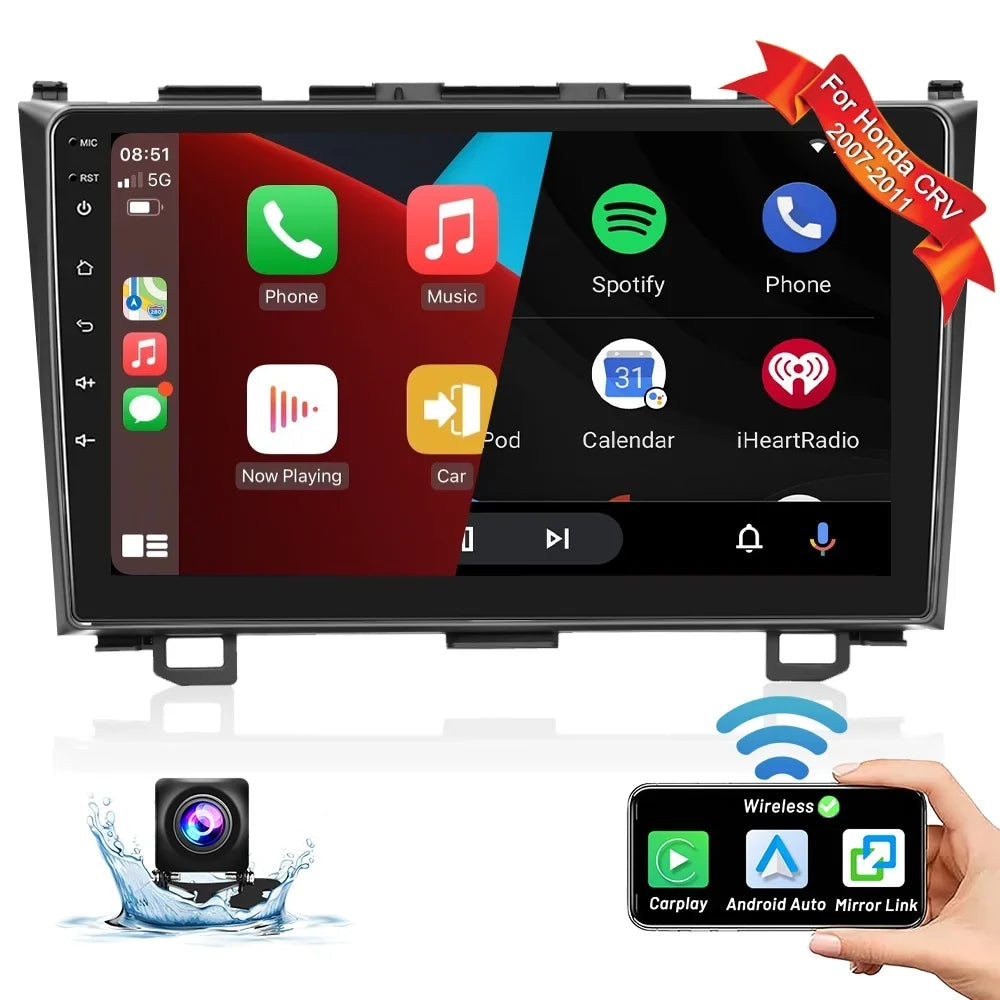For Honda CRV 2007-2011 9'' Display Car Stereo Radio Player Wireless Carplay Android Auto Mirror Link HD 1080P Android 12 Bluetooth WIFI GPS FM USB Hifi, AHD Backup Camera