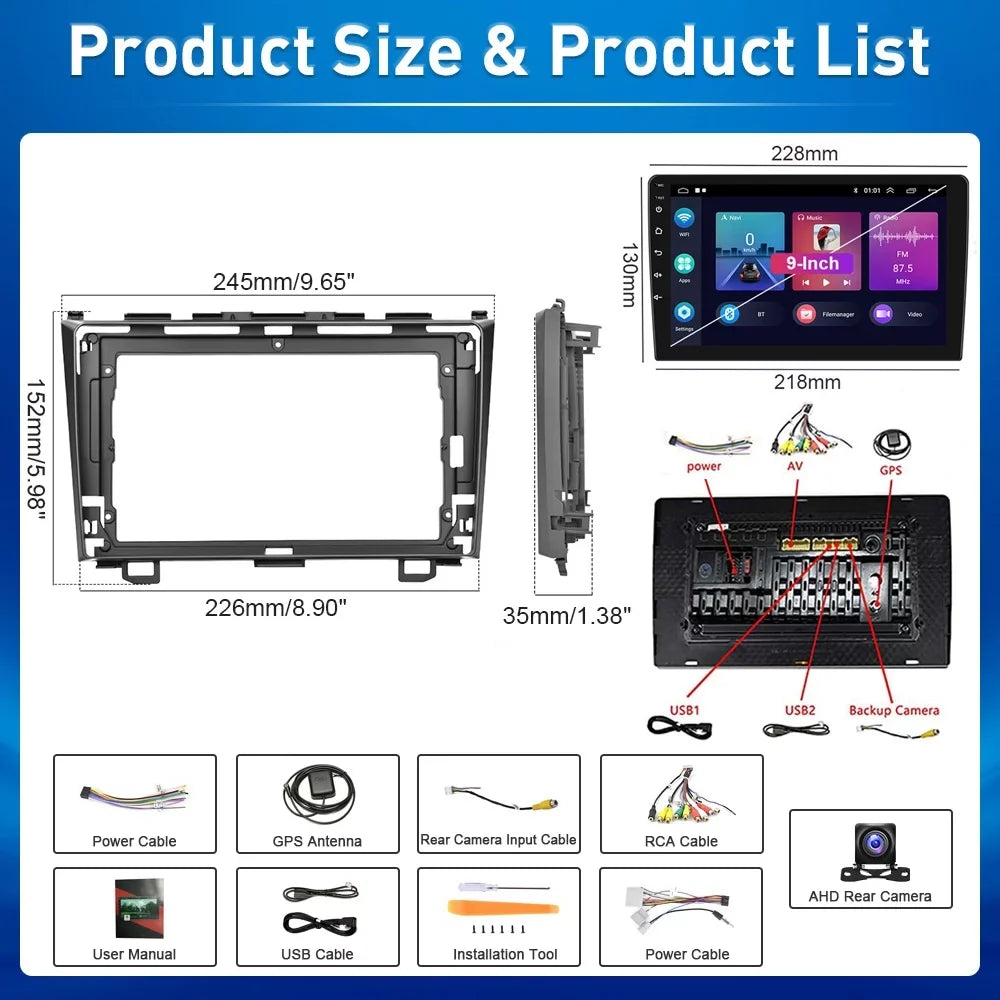 For Honda CRV 2007-2011 9'' Display Car Stereo Radio Player Wireless Carplay Android Auto Mirror Link HD 1080P Android 12 Bluetooth WIFI GPS FM USB Hifi, AHD Backup Camera