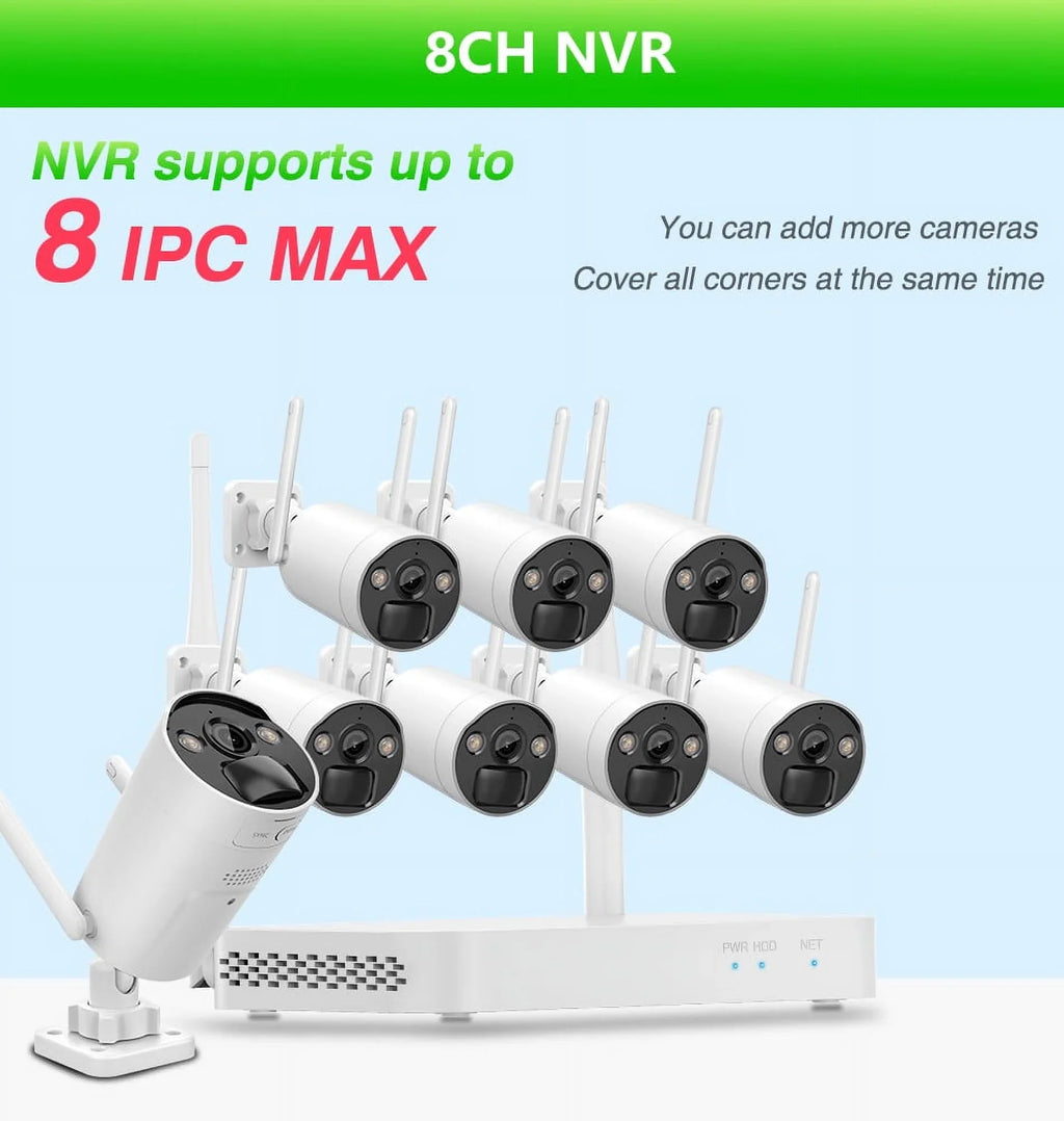 VIKVIZ 8CH WiFi CCTV System 4Pcs 3MP Power Unit Camera , 4 Solar Panels , 2.5inch HDD Wireless NVR