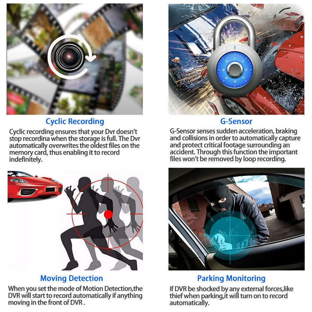 TASHHAR Car Lens Dash Cam 1080P 4" HD DVR Front/Rear/Built-In Video Camera Driving Recorder G-Sensor, Motion Detection and Parking Monitoring