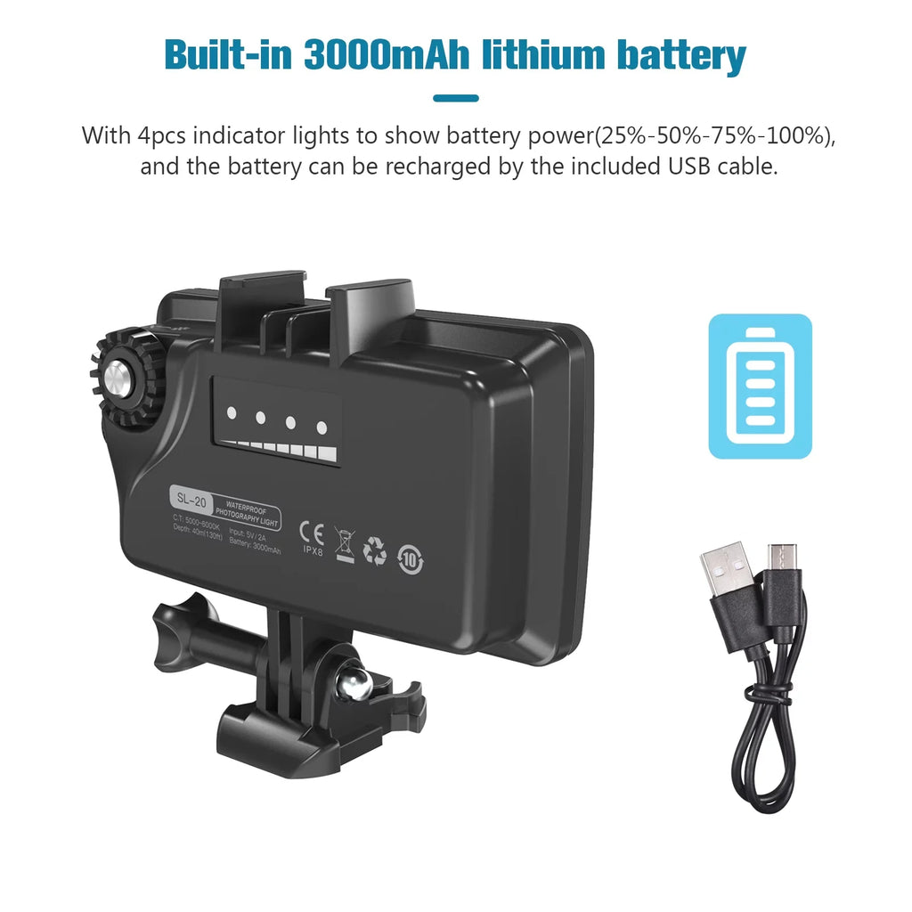 Andoer SL-20 Waterproof RGB Fill Video 8 Modes CRI95+ Dimmable IPX8 Underwater 40M Built-in Rechargeable Energy Source for Diving Snorkeling Underwater Photography Video Replacement for GoPro