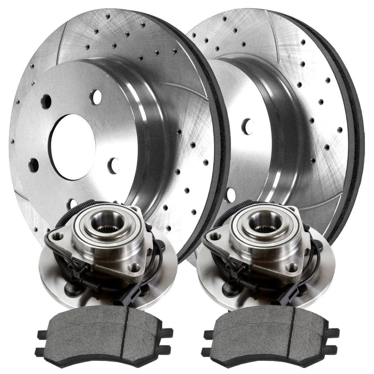 AutoShack Front Wheel Bearing Hubs Drilled Slotted Rotors Silver Memory Pads Kit Driver and Passenger Side Replacement for 2009 2010 2011 Memory 1500 3.7L 4.7L 5.7L V6 V8 4WD RWD RHBBK0747