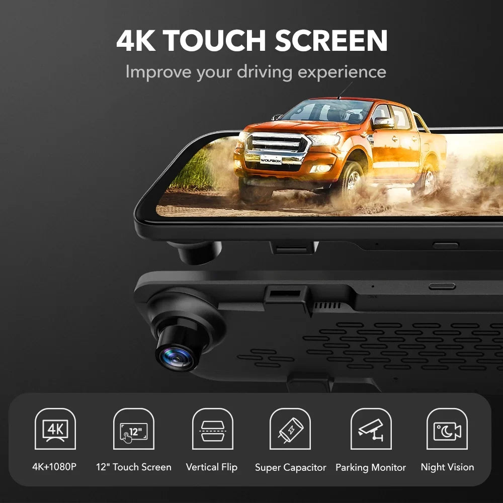 WOLFBOX Rear View Mirror Dash Camera, 12" 4K Mirror Dash Cam, Backup Camera with Full Touch Monitor Parking Monitor, Free 32GB Card & GPS