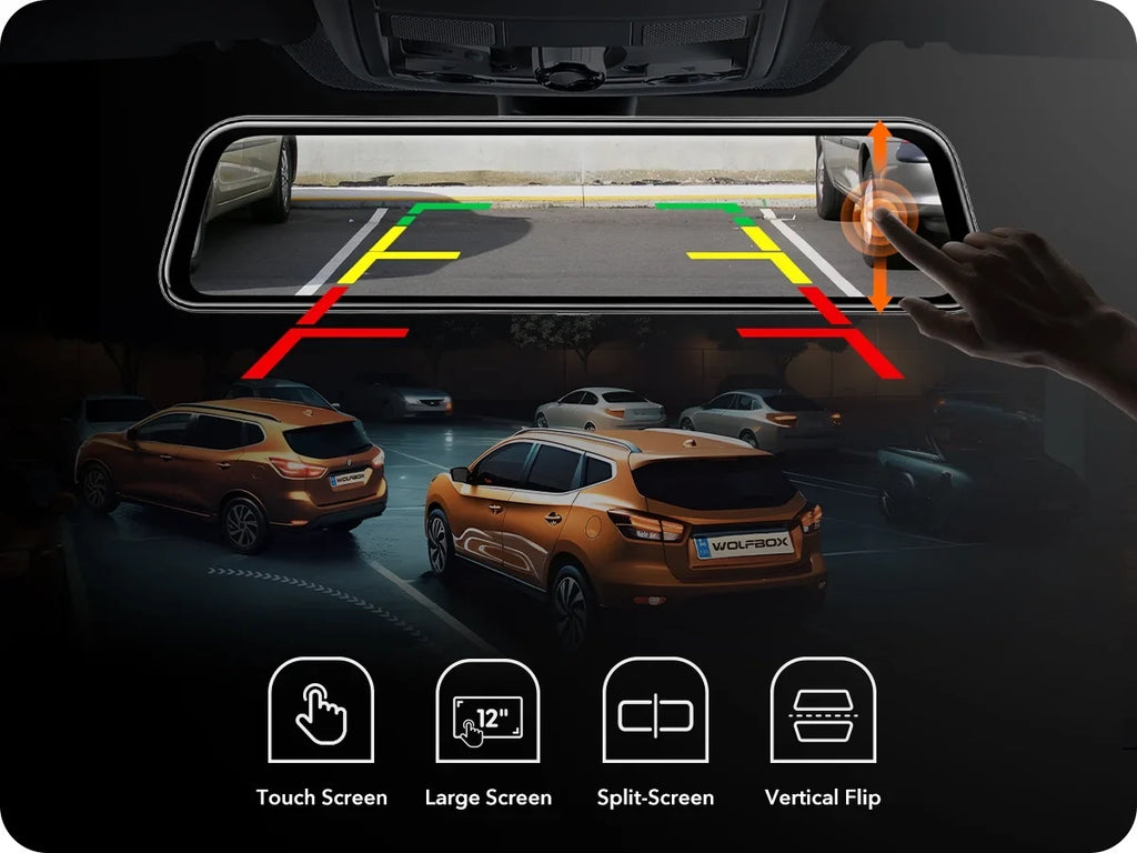 WOLFBOX Rear View Mirror Dash Camera, 12" 4K Mirror Dash Cam, Backup Camera with Full Touch Monitor Parking Monitor, Free 32GB Card & GPS