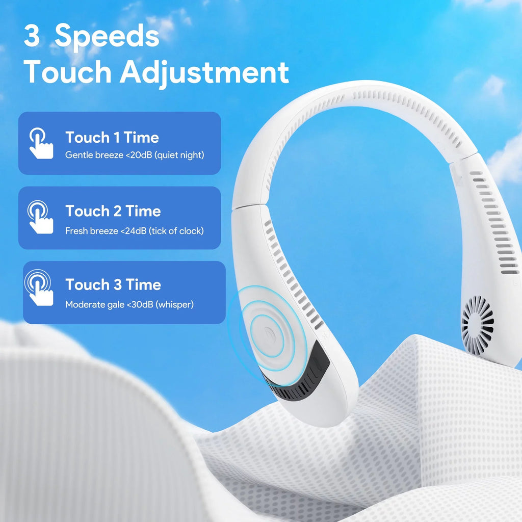 Folding Neck Fanwtith LCD Display, 360°Airflow 5000mAh USB Rechargeable Mini Neck Fan Bladeless 3 Speeds Portable Summer Cooling Fans, White