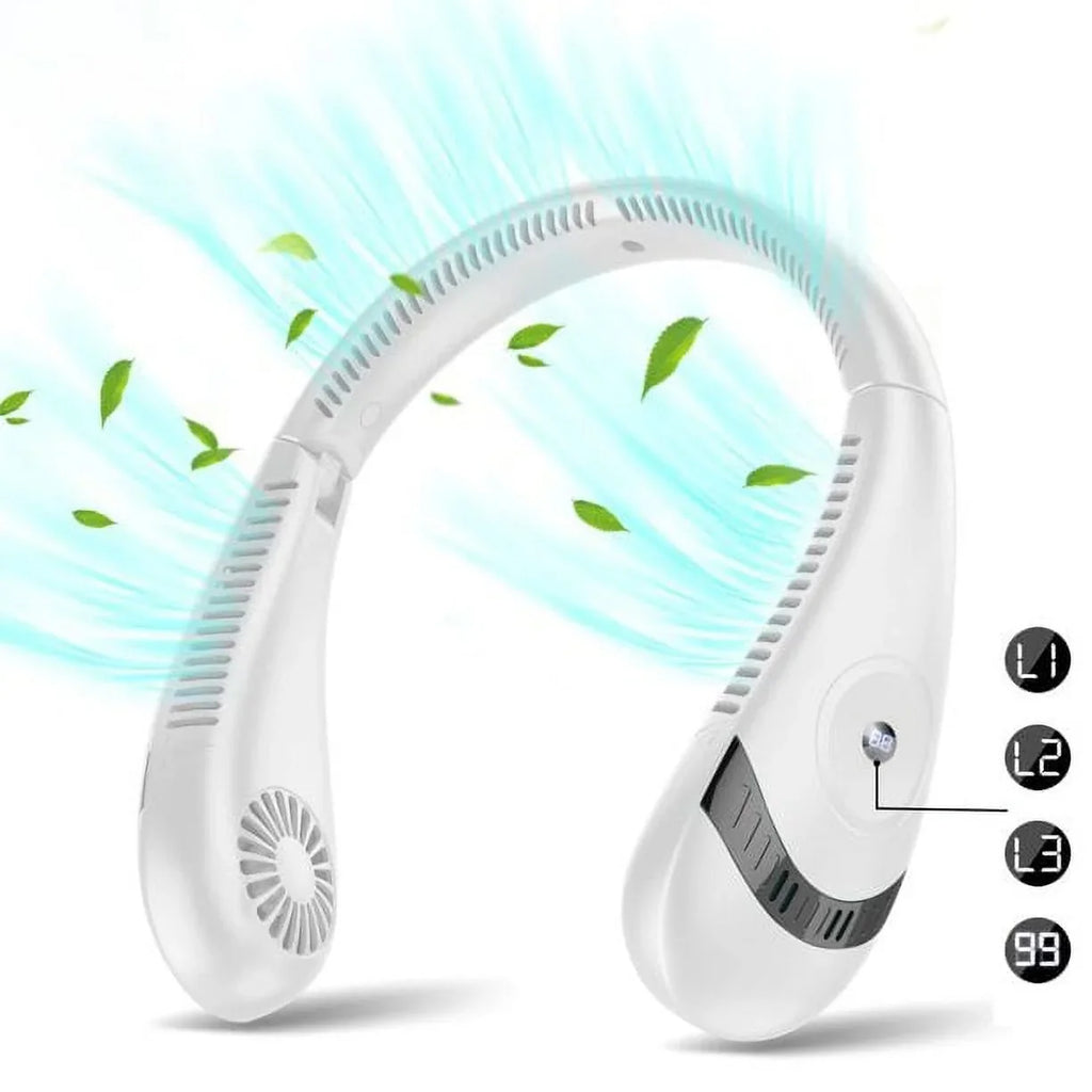 Folding Neck Fanwtith LCD Display, 360°Airflow 5000mAh USB Rechargeable Mini Neck Fan Bladeless 3 Speeds Portable Summer Cooling Fans, White