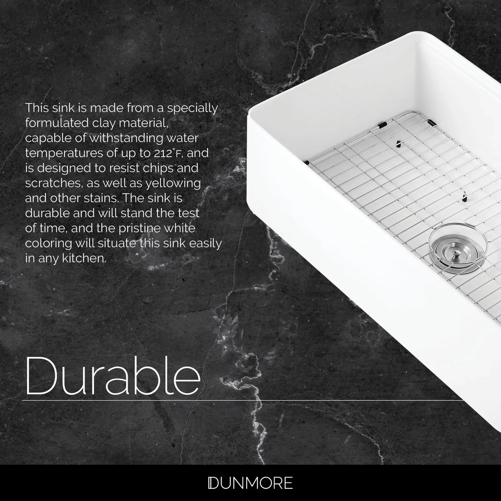 DUNMORE 33 Inch Farmhouse Sink Workstation, cUPC, 33x20 Single Bowl Clay, Apron Front White Kitchen Sink, Porcelain, Random Access Memory with Cutting Board & Accessories