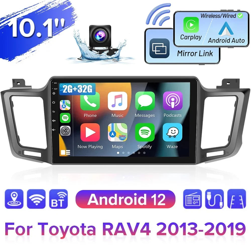 Podofo 2+32G for Toyota RAV4 2013-2019 Wireless Carplay Android Auto Mirror Link 10'' Monitor Car Stereo Radio Android 12 HD 1080P WIFI GPS FM Bluetooth, AHD Backup Camera