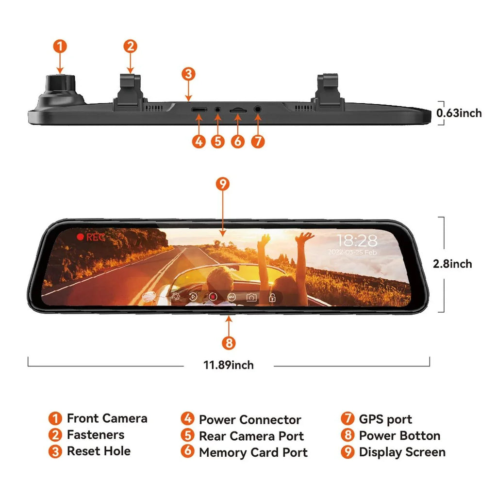 WOLFBOX Rear View Mirror Dash Camera, 12" 4K Mirror Dash Cam, Backup Camera with Full Touch Monitor Parking Monitor, Free 32GB Card & GPS