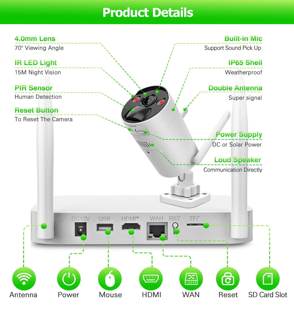 VIKVIZ 8CH WiFi CCTV System 4Pcs 3MP Power Unit Camera , 4 Solar Panels , 2.5inch HDD Wireless NVR
