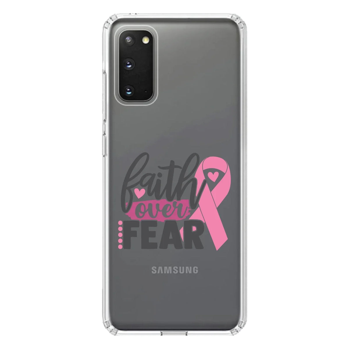 DistinctInk Clear Shockproof Hybrid Case for Galaxy S20 ULTRA / 5G (6.9" Display - TPU Bumper Acrylic Back Tempered Glass Monitor Protector - Pink Ribbon Cancer - Faith Over Fear