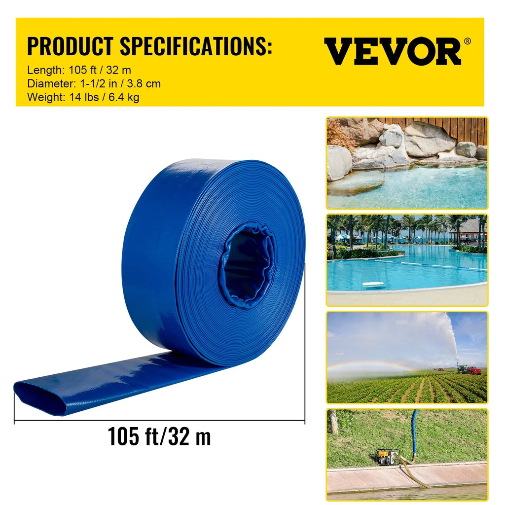 BENTISM Discharge Hose, 1-1/2" x 105', PVC Fabric Lay Flat Hose, Heavy Duty Backwash Drain Hose with Clamps, Weather-proof & Burst-proof, Ideal for Swimming Pool & Water Transfer