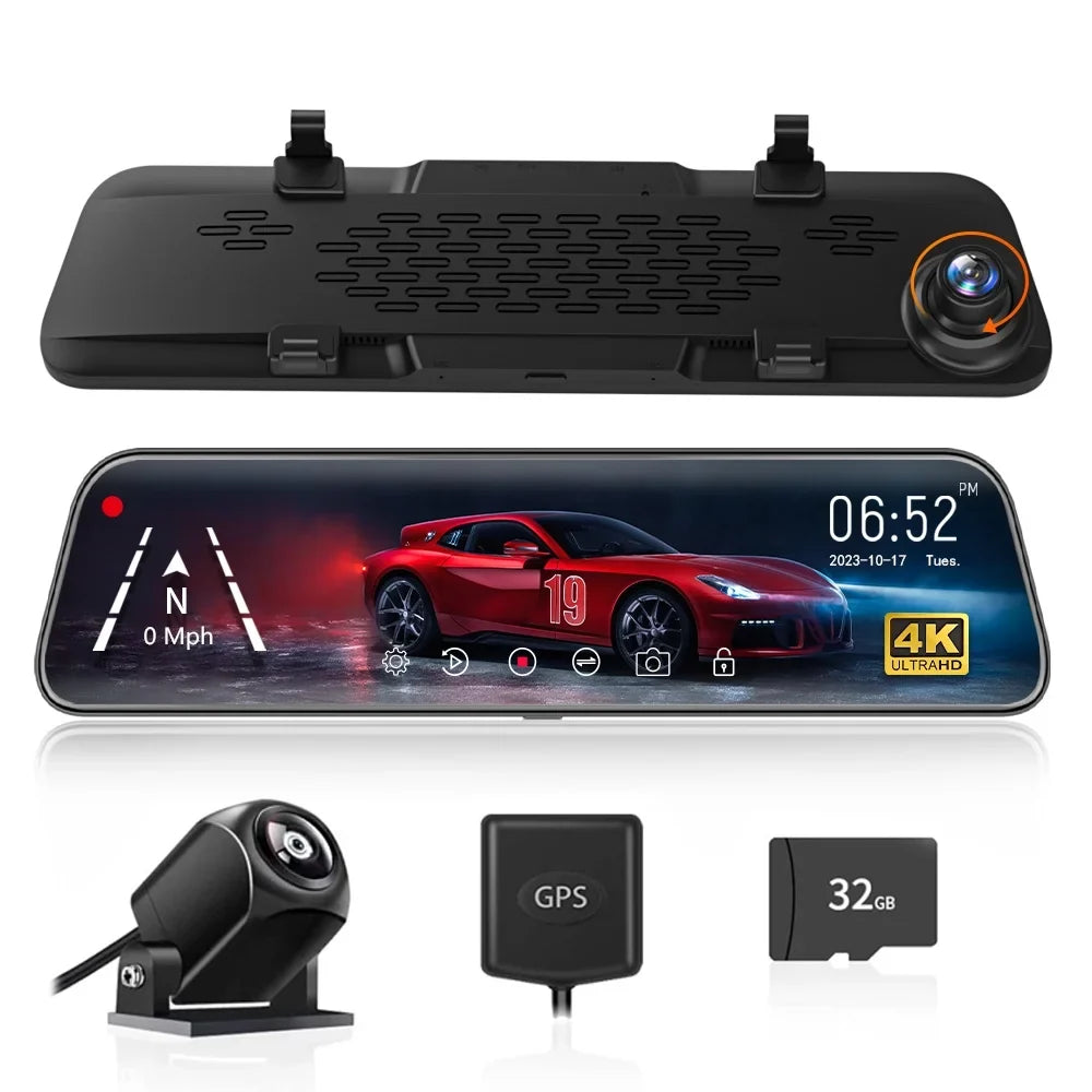 WOLFBOX Rear View Mirror Dash Camera, 12" 4K Mirror Dash Cam, Backup Camera with Full Touch Monitor Parking Monitor, Free 32GB Card & GPS
