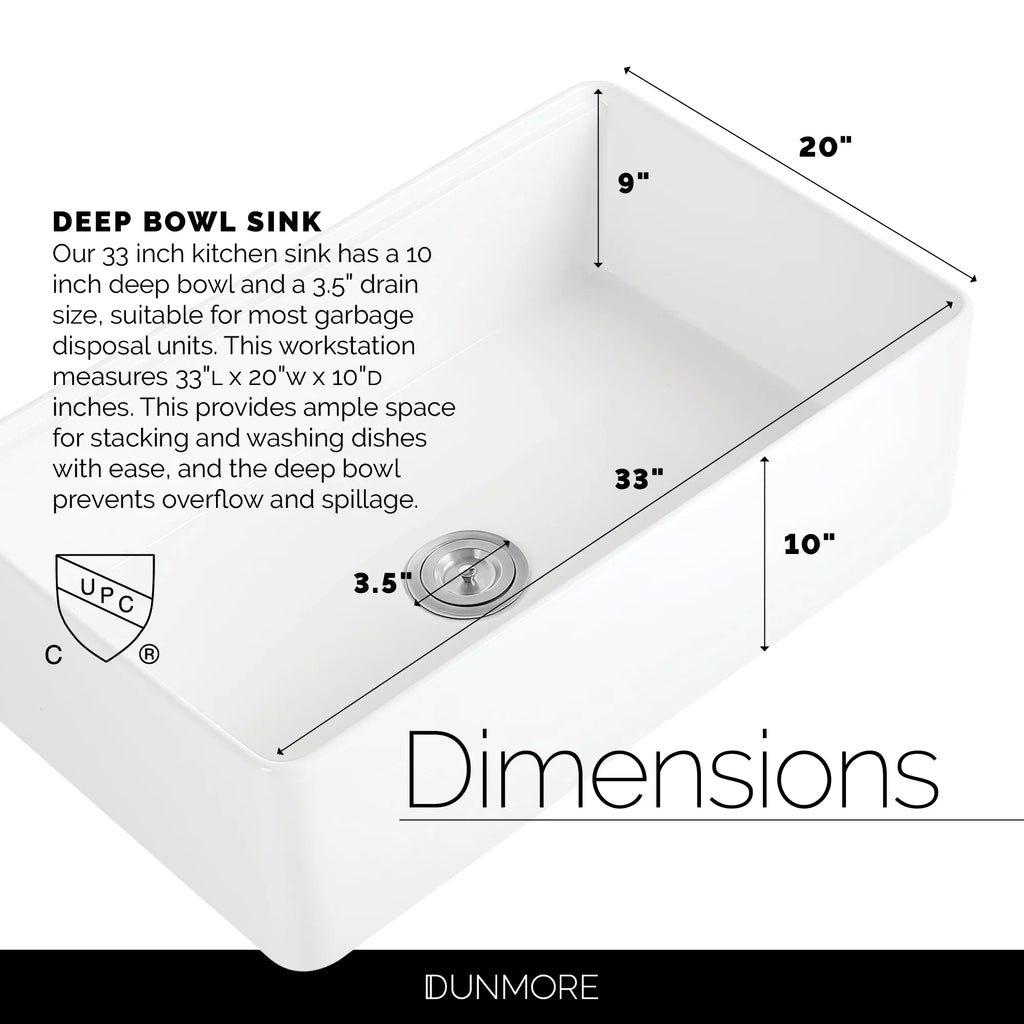DUNMORE 33 Inch Farmhouse Sink Workstation, cUPC, 33x20 Single Bowl Clay, Apron Front White Kitchen Sink, Porcelain, Random Access Memory with Cutting Board & Accessories