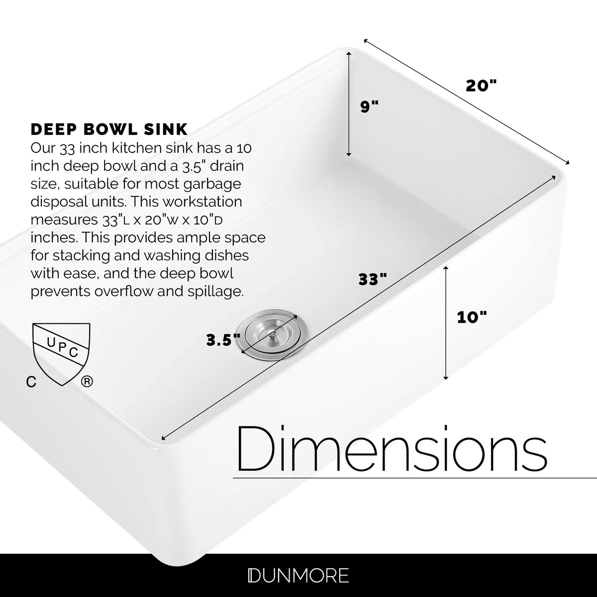 DUNMORE 33 Inch Farmhouse Sink Workstation, cUPC, 33x20 Single Bowl Clay, Apron Front White Kitchen Sink, Porcelain, Random Access Memory with Cutting Board & Accessories