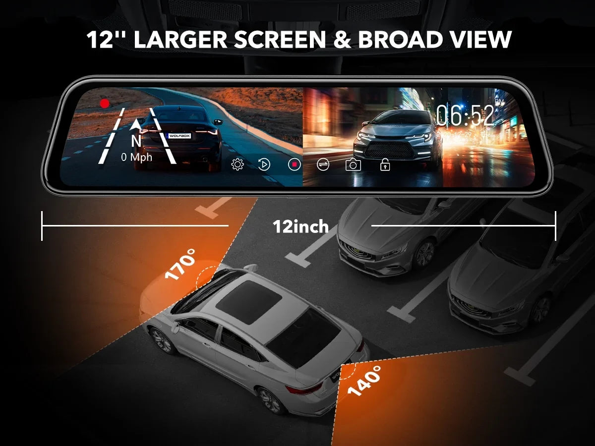 WOLFBOX Rear View Mirror Dash Camera, 12" 4K Mirror Dash Cam, Backup Camera with Full Touch Monitor Parking Monitor, Free 32GB Card & GPS