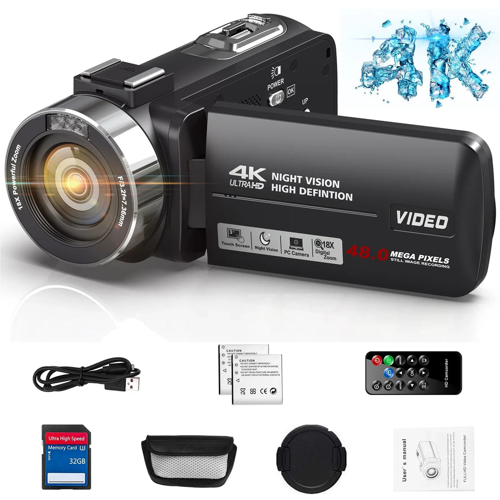 MARVUE Video Camera 4K Camera 48MP 30FPS Camcorder 18X Digital Zoom 3.0" LCD Touch Display Vlogging Camera for YouTube with IR Night Vision