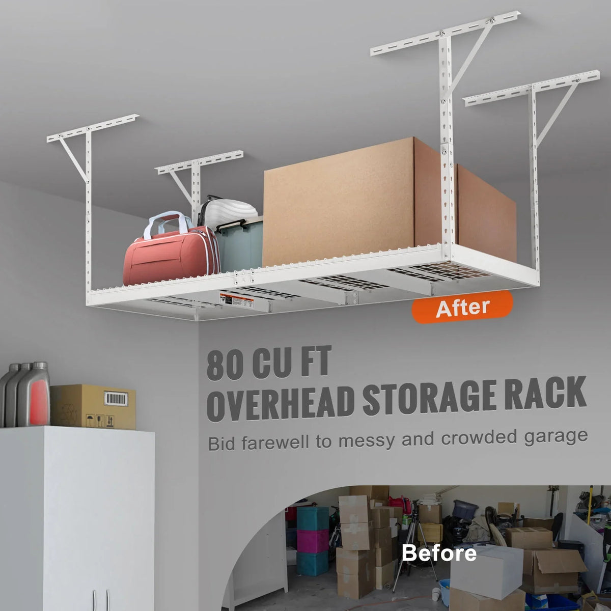 SKYSHALO Overhead Adjustable Garage Storage Rack 36x96" Ceiling Rack 600lb White